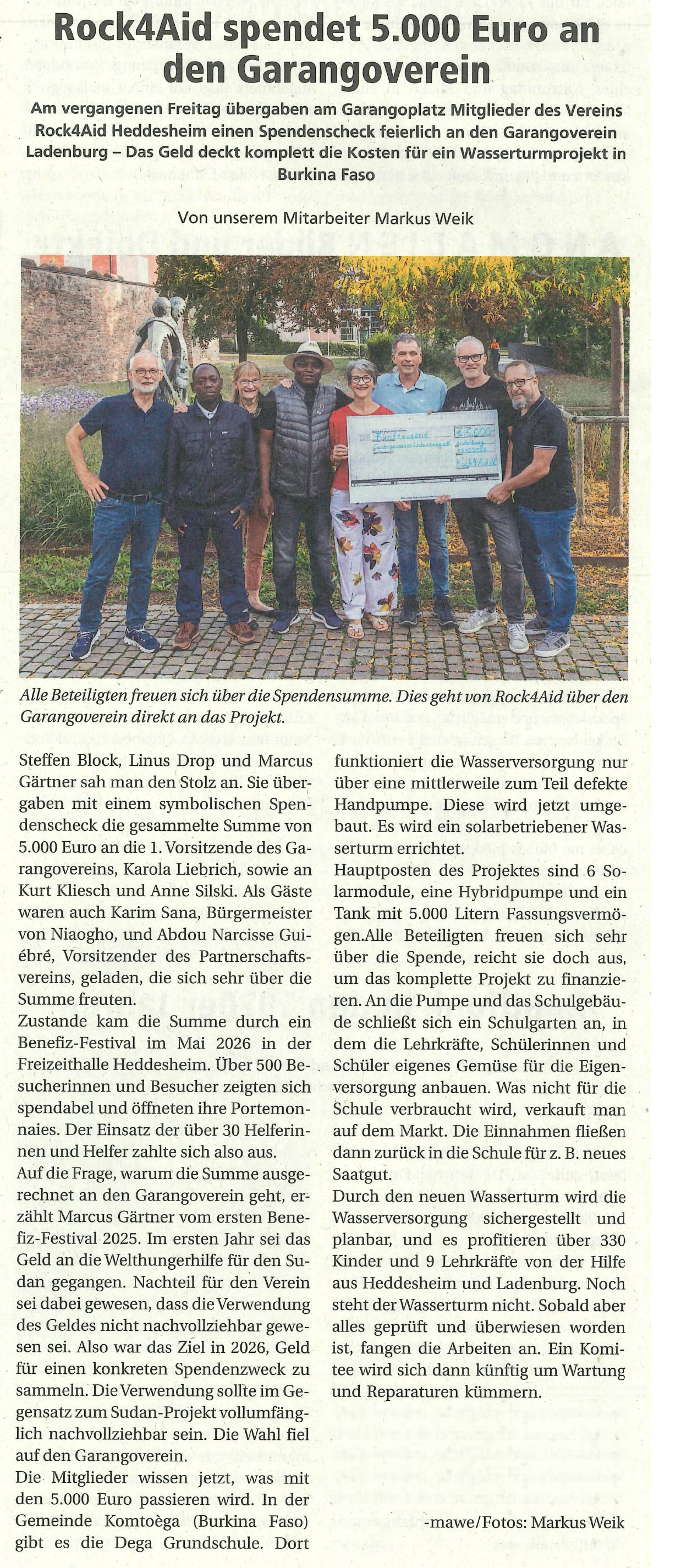 Scheckübergabe an den Garangoverein